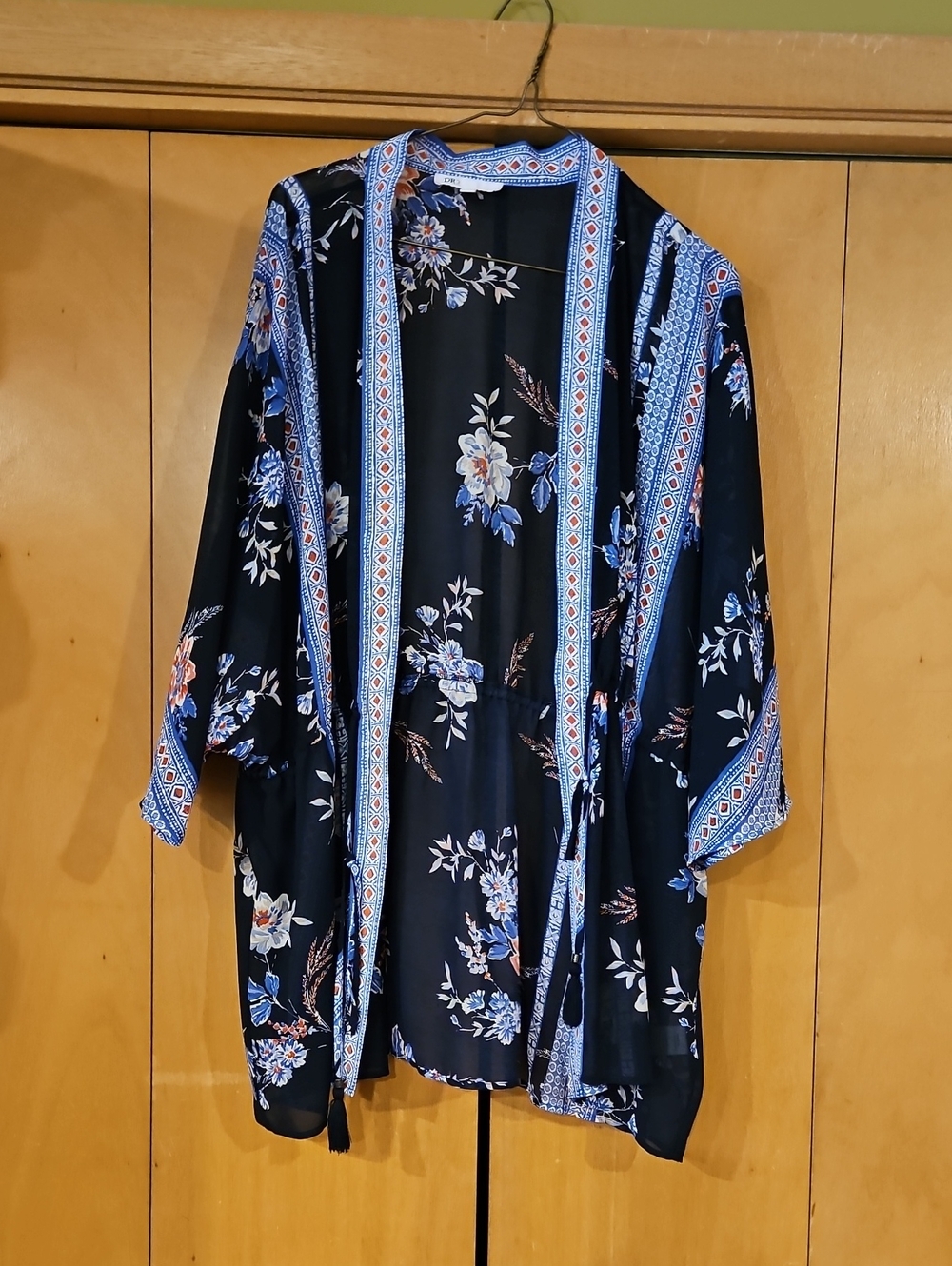 Navy Floral Open Front Kimono with Blue Trim